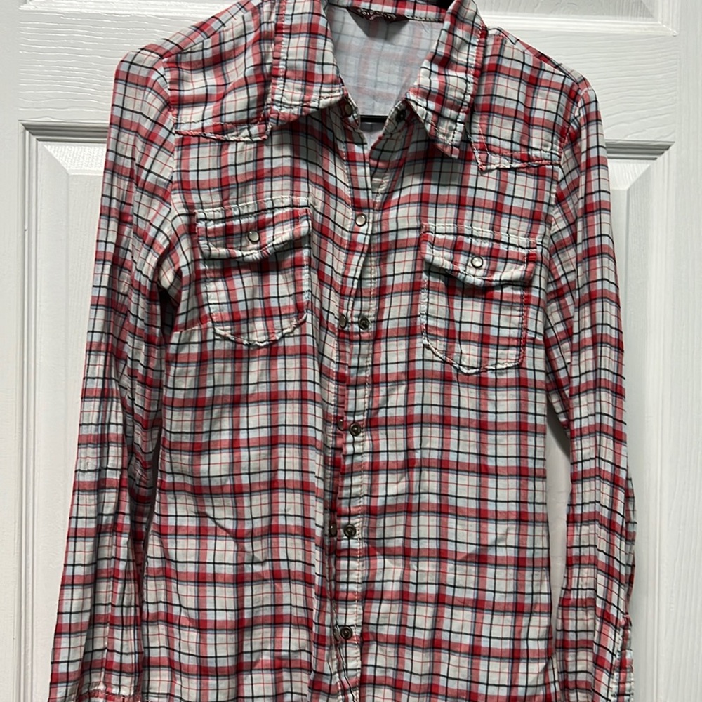 Pink, light blue plaid long sleeve button up country shirt